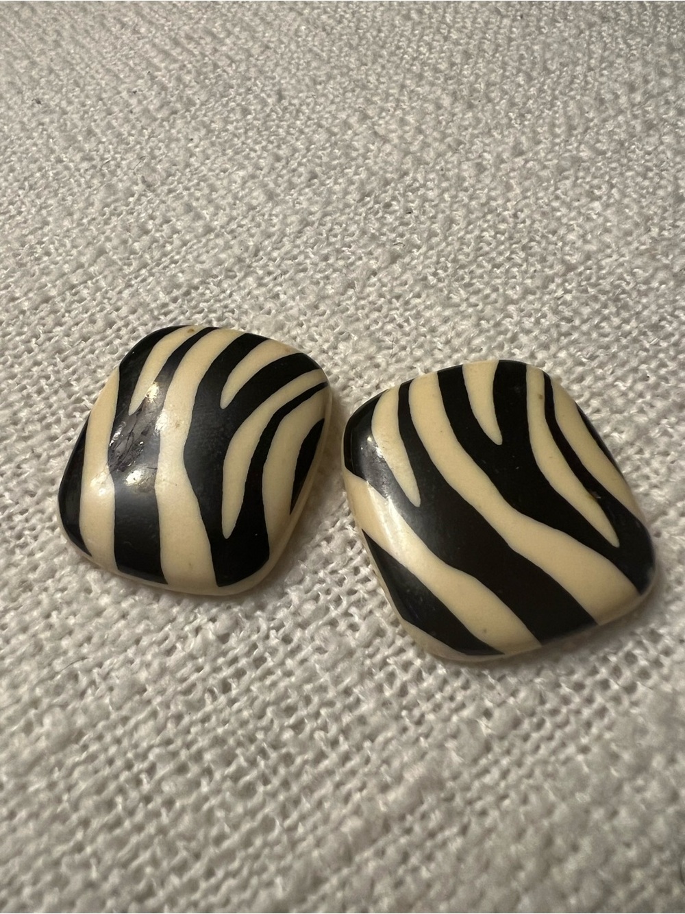 Zebra Print Resin Clip-On Earrings - Black & Cream